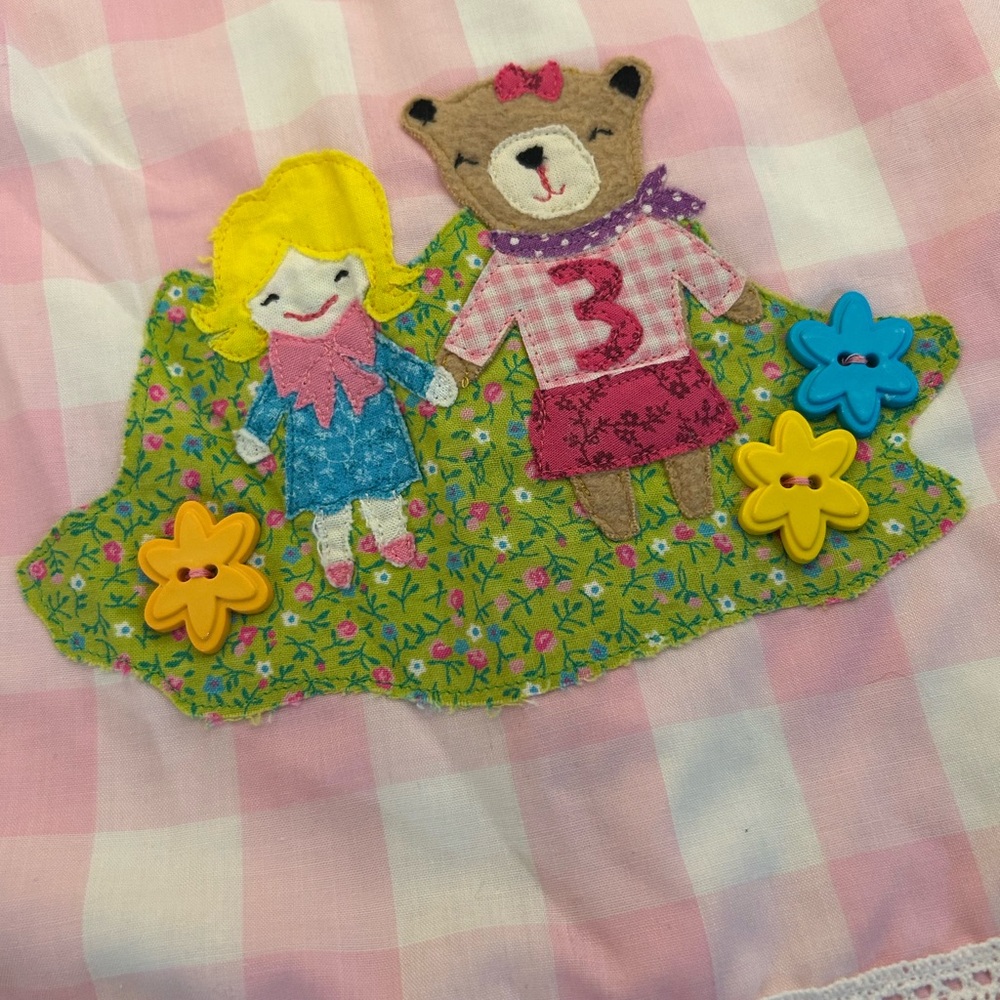 Freckled Chicken Girls 3rd Birthday Pink Gingham Lace Applique Dress - Picture 3 of 5
